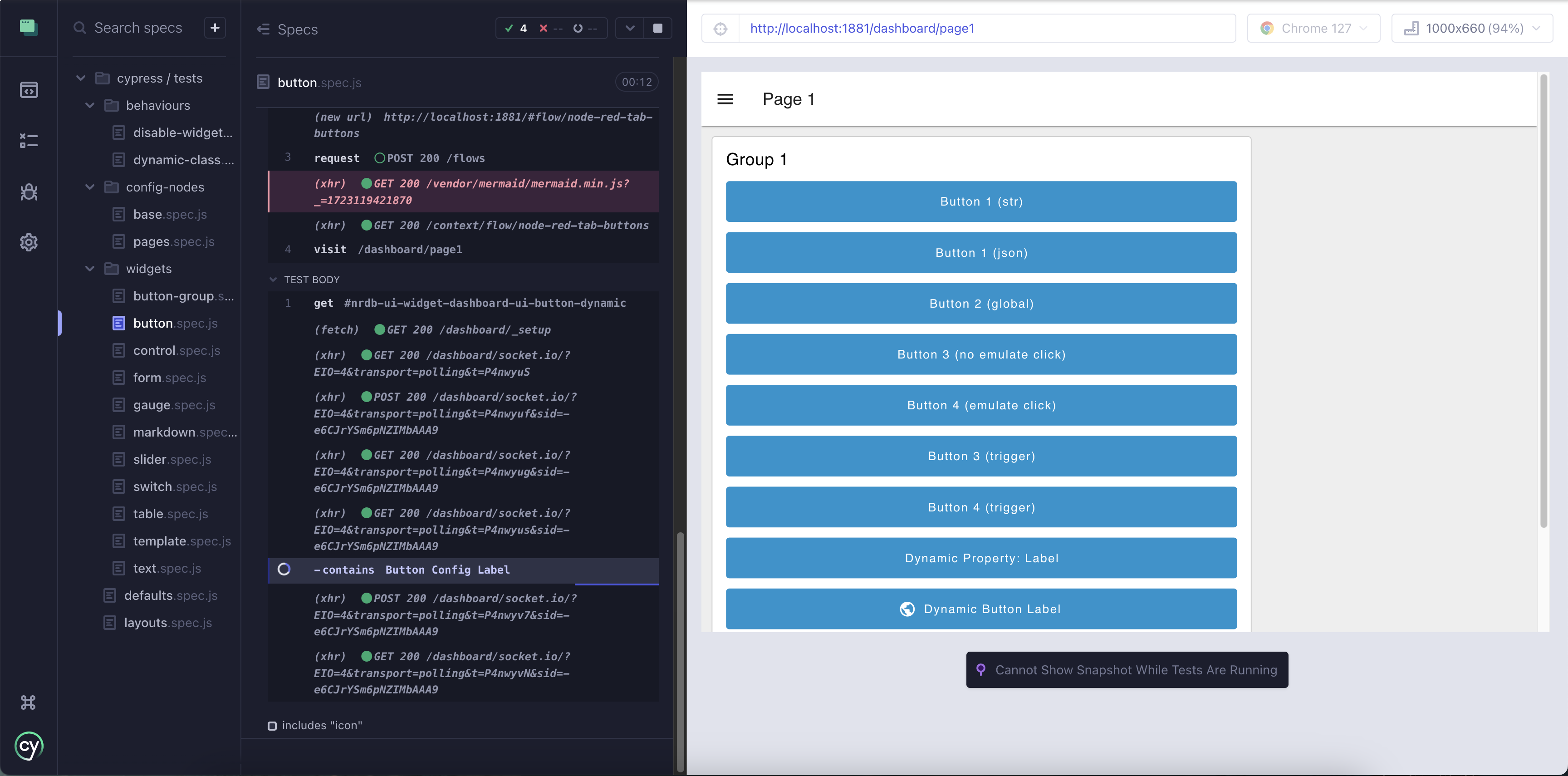 Screenshot showing the UI Button tests running in the Cypress Test Runner