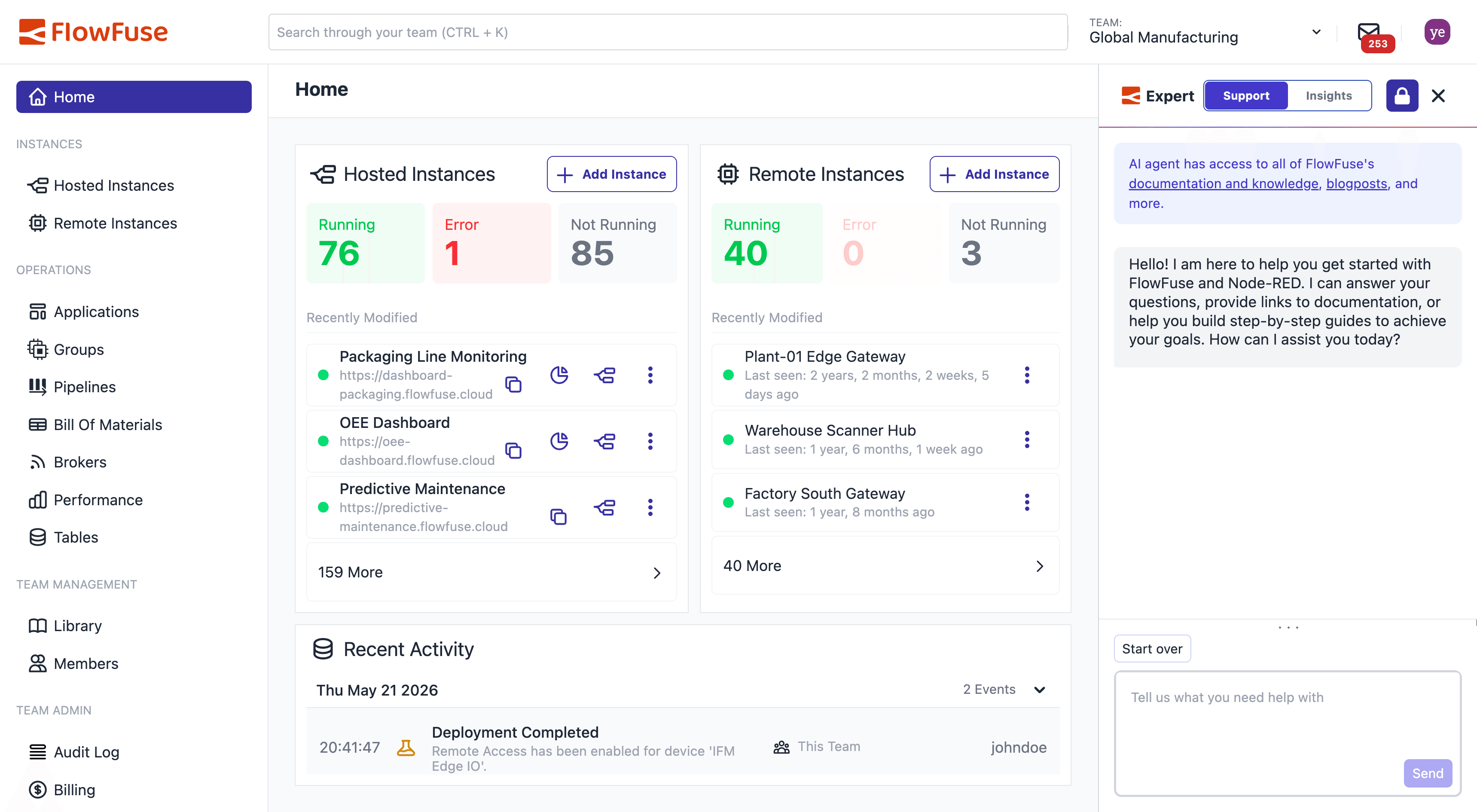 FlowFuse platform home showing hosted and remote instances alongside the FlowFuse Expert AI assistant