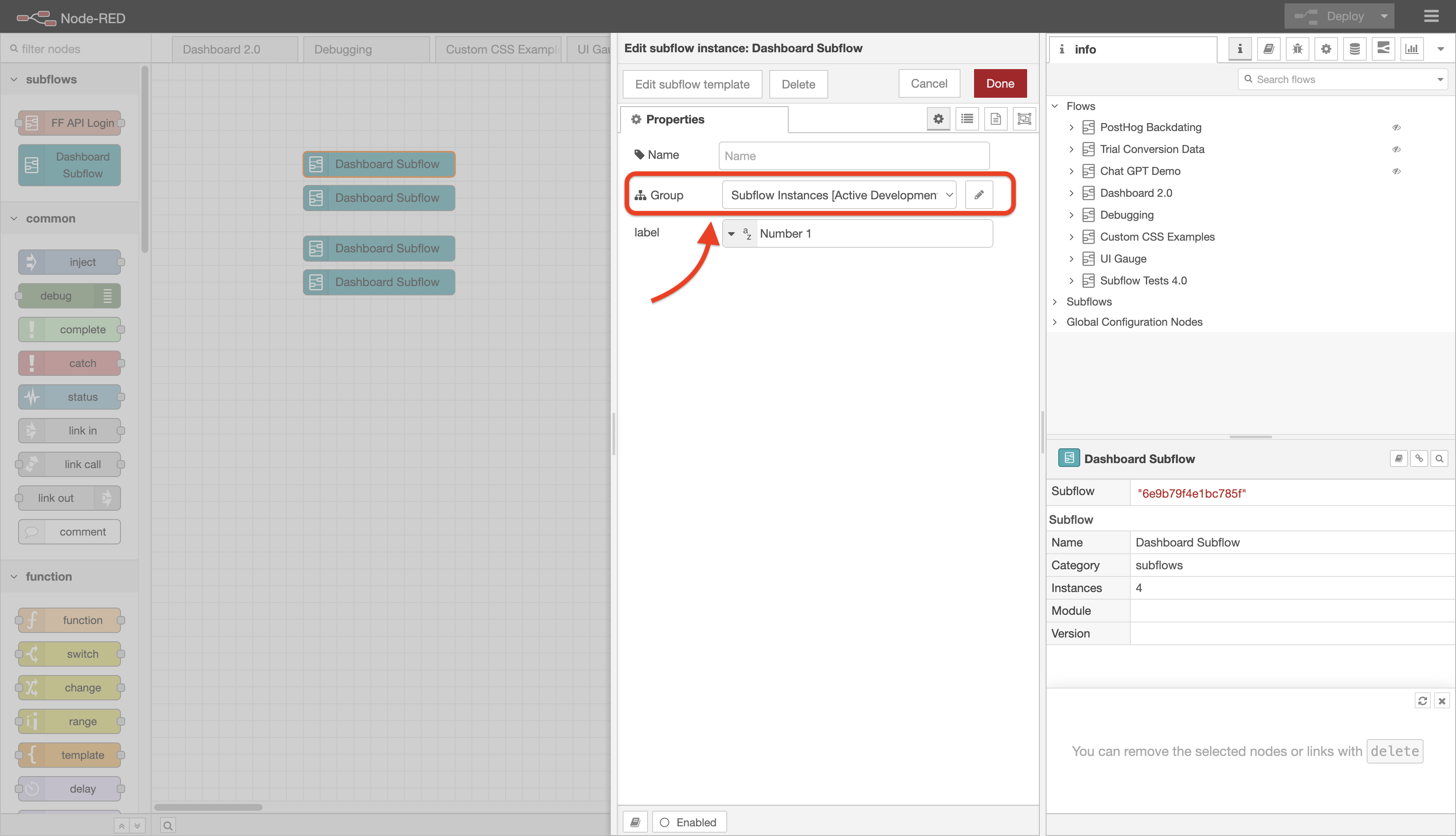 Screenshot of Node-RED, showing the group option on a subflow instance