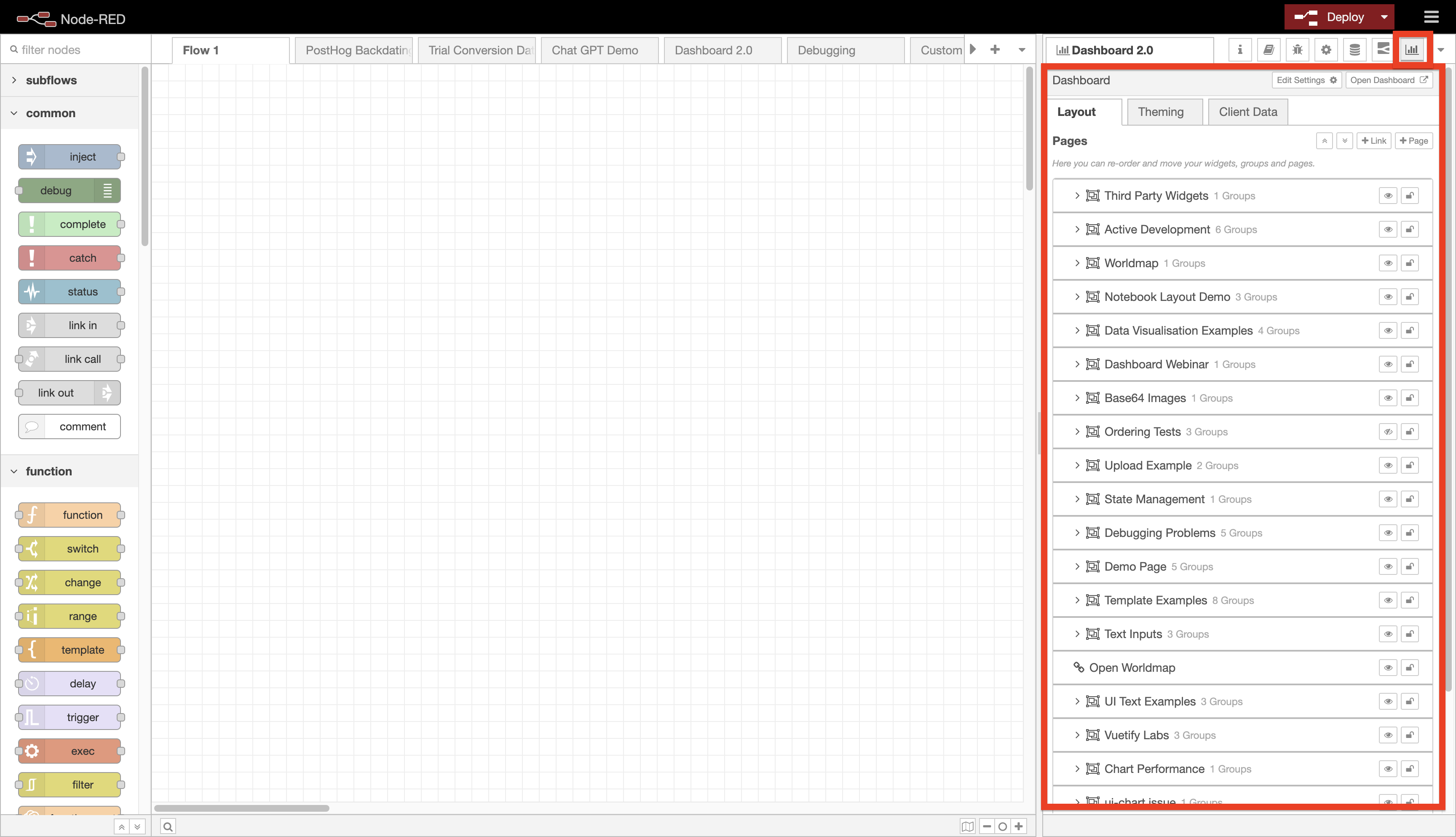 Screenshot showing the Dashboard 2.0 sidebar in the Node-RED Editor.
