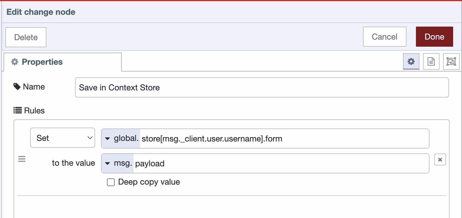 Screenshot showing the configuration of the "change" node to map dat against a specific user