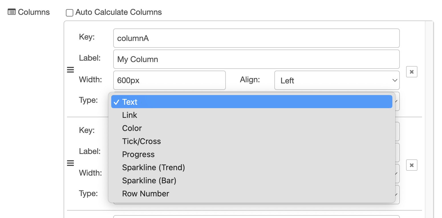 Screenshot of the configuration options available for column types in Node-RED