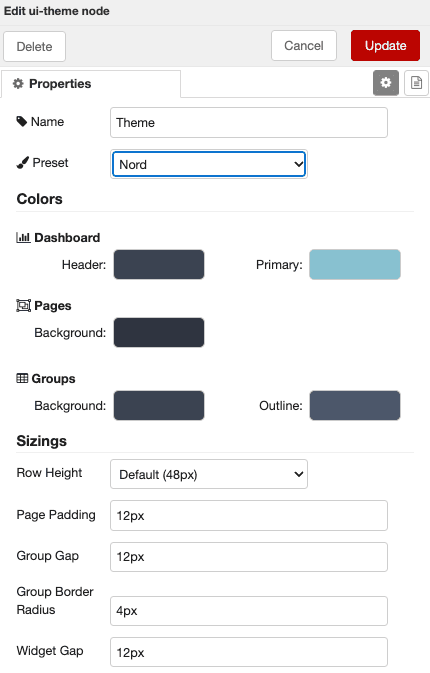 The Preset dropdown in a ui-theme node